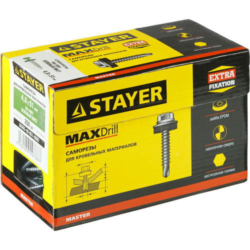 STAYER 51 х 4.8 мм, 250 шт., RAL 6002 зеленый лист, саморезы СКД кровельные для деревянной обрешетки Master — изображение 2