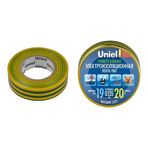 Изолента ПВХ Uniel UIT-135P 19 мм желто-зеленая 20 м
